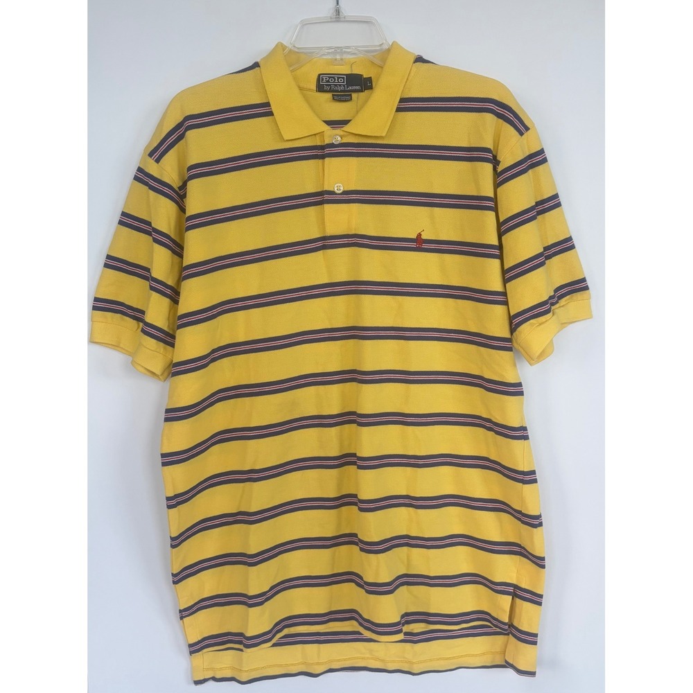 Polo Ralph Lauren Mens Large Yellow Striped Short Sleeve Cotton Pique Polo Shirt